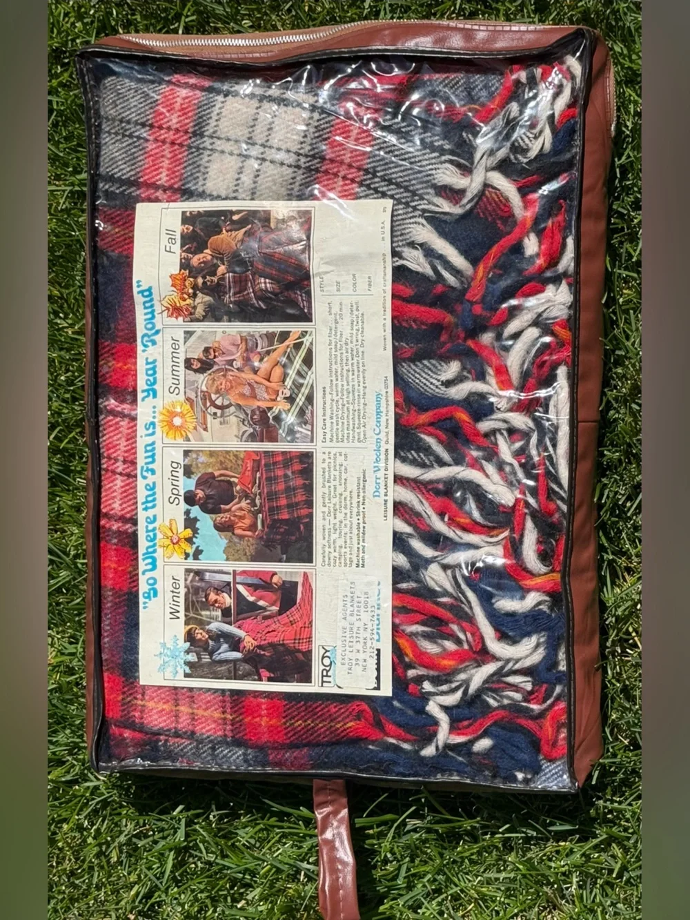 Vintage Troy Leisure Wool Blanket 55x51 With Tassles and original Carrying Bag